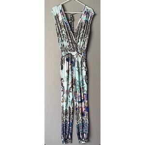 Adrienne sz S‎ teal white deep plunge jumpsuit